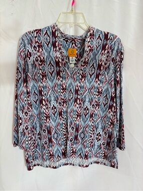 Ruby Rd. Geometric V-Neck Tunic in Blue and Burgundy